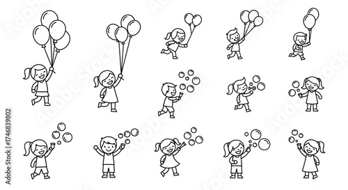 Line art illustrations of children riding scooters and bicycles in various poses.