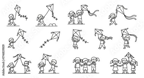 Line art depicts children playing with kites in various poses, some alone, some in groups, enjoying outdoor activities.