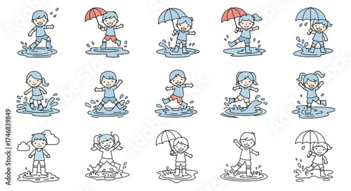 Cartoon children joyfully splashing in puddles under umbrellas on a rainy day.