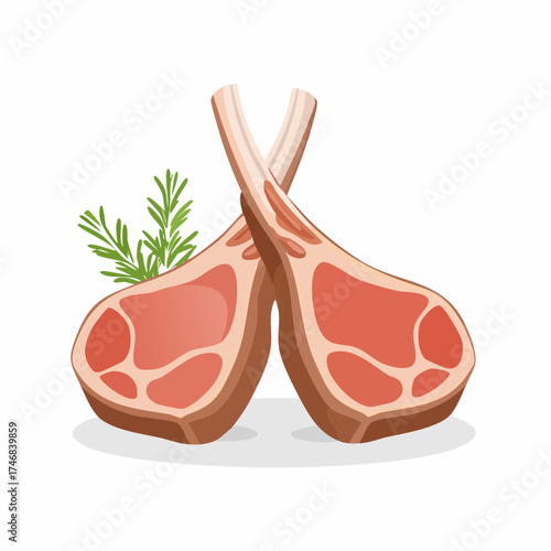 Two delicious lamb chops crossed over each other with a sprig of rosemary