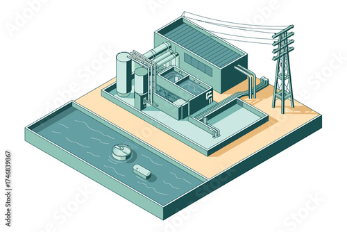 Isometric Illustration of Water Treatment Plant and Power Transmission Tower for Industrial Applications and Sustainable Energy
