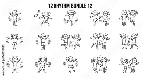 A collection of line art illustrations depicting children dancing and moving to rhythm, showcasing various poses and actions.