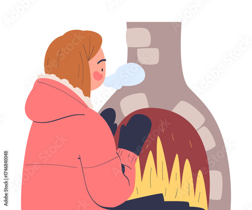Freezing Woman Character Sit at Fireplace Wearing Warm Clothes Trembling Feeling Cold Vector Illustration