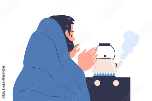 Freezing Man Character Wearing Warm Blanket Trembling Feeling Cold Vector Illustration