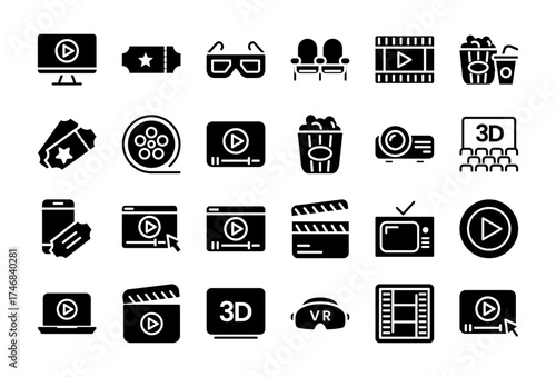 Cinema Set of Web Icons Movie and Film Icon Collection Containing Video Movie Theater 3D VR Popcorn Ticket Director Soundtrack and More