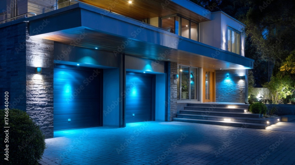 Fototapeta premium Modern home illuminated with blue lights at night, showcasing elegant architecture and spacious driveway, surrounded by greenery