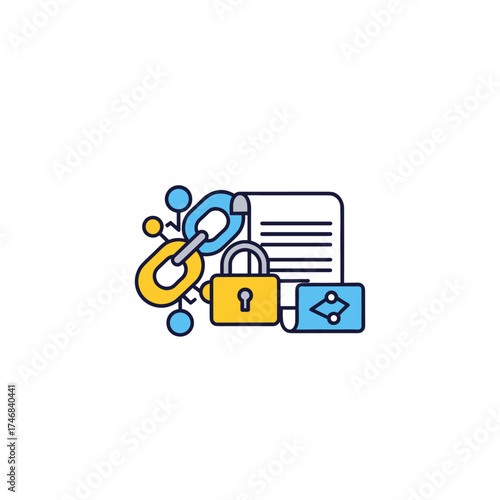 A colorful illustration depicts data security and protection, featuring a padlock securing information, a chain representing connections, and elements of digital privacy and encryption.