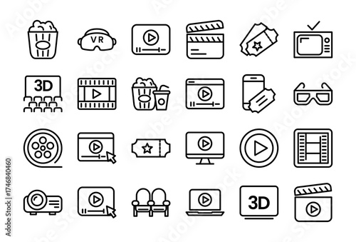 Cinema Set of Web Icons Movie and Film Icon Collection Containing Video Movie Theater 3D VR Popcorn Ticket Director Soundtrack and More