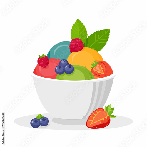 Colorful ice cream sundae in a white bowl, decorated with fresh berries and mint leaves
