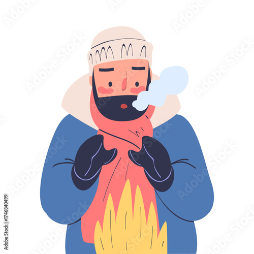 Freezing Man Character Wearing Warm Clothes Trembling Feeling Cold Vector Illustration