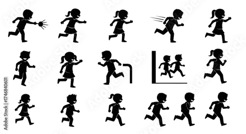 Silhouetted children in various running poses, demonstrating movement and action.