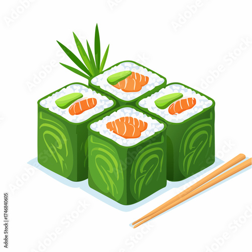 A delicious set of four green maki sushi rolls with salmon and avocado, an isometric illustration of traditional Japanese food