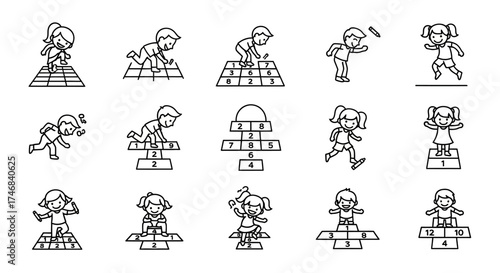A collection of line art illustrations depicting children playing hopscotch.