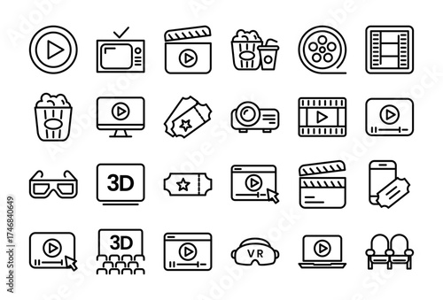 Cinema Set of Web Icons Movie and Film Icon Collection Containing Video Movie Theater 3D VR Popcorn Ticket Director Soundtrack and More