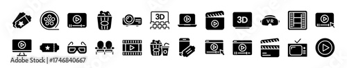 Cinema Set of Web Icons Movie and Film Icon Collection Containing Video Movie Theater 3D VR Popcorn Ticket Director Soundtrack and More