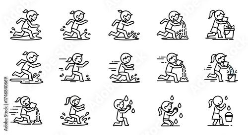 A series of line art illustrations depicting a child interacting with water in various ways.