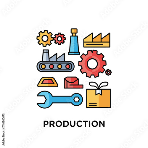 An illustrated icon set depicts various elements of production, including gears, a factory, a wrench, and a package, representing industrial processes.