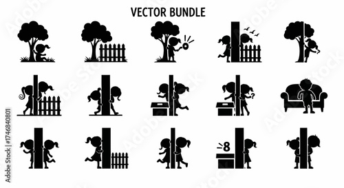 Silhouette illustrations of a child playing hide-and-seek around trees, fences, poles, and furniture.