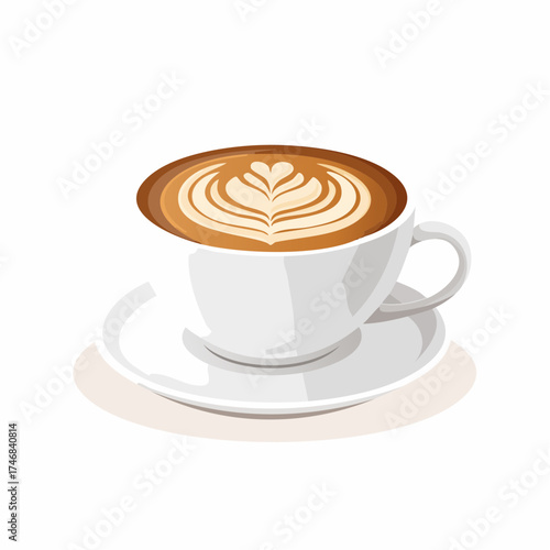 Vector illustration of a cappuccino coffee cup with rosetta latte art on a saucer isolated