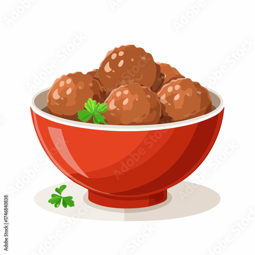 A delicious red bowl filled with savory homemade meatballs and fresh parsley garnish