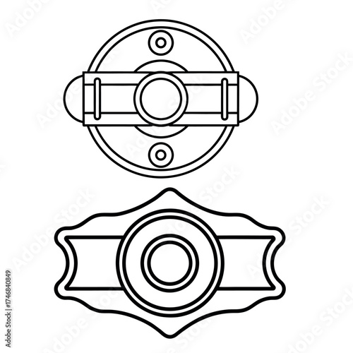 Two ornate door knob designs featuring central circular elements and decorative plates in a line drawing style