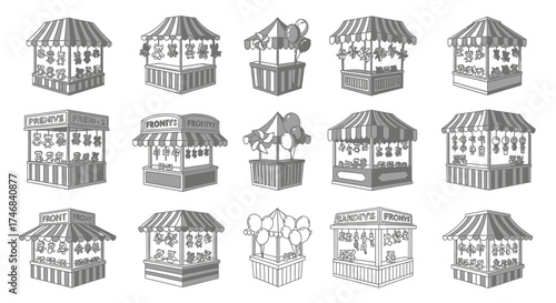 Detailed illustration of various market stalls, showcasing different products and displays.