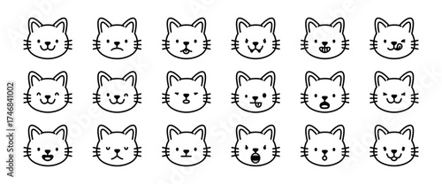 Funny cat faces. Cats emotion icons. Outline doodle kitten head expressions. Kawaii kitty mood with different emotions, feline muzzle with nose, tongue. Vector symbol set