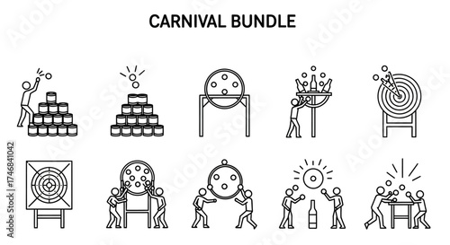 Line art illustration of carnival games: throwing, target practice, and prize winning activities.