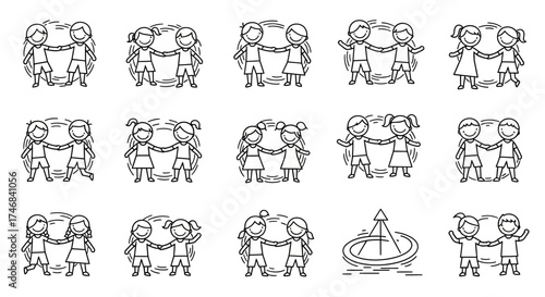 Collection of line art illustrations depicting children holding hands, playing, and a spinning top toy.