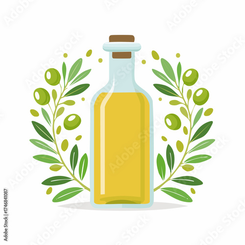 Olive Oil Bottle Surrounded by Olive Branches for Natural Healthy Cooking Ideas