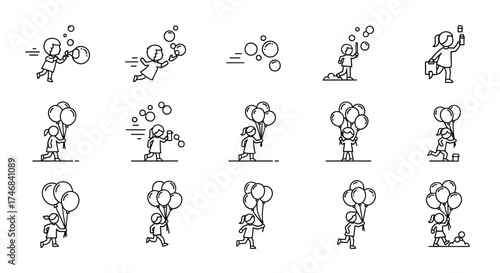 A series of line drawings depict a child playing with bubbles and balloons in various poses and actions.