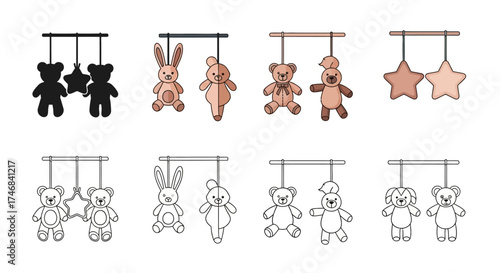 Collection of hanging toy illustrations, featuring bears, bunnies, stars and other plush characters.