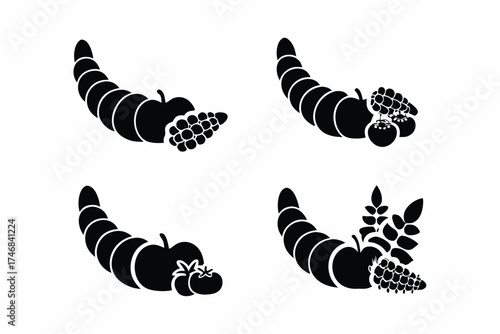set of cornucopia horn of plenty with fruits and vegetables icon silhouette vector illustration