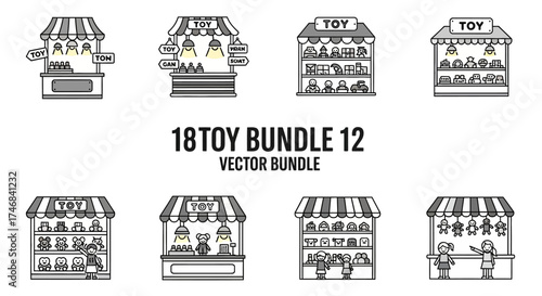 A collection of outlined toy shop illustrations, showcasing various toy displays.