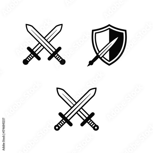 Three black and white graphic icons of swords and a shield weapon battle