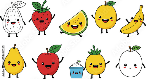 Cute cartoon fruit characters illustration, smiling fruits, anthropomorphic food, playful children design, kawaii style, educational clipart, tropical fruits, healthy eating concept