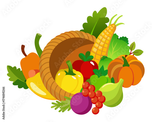 cornucopia horn of plenty with fruits and vegetables vector illustration isolated on white background