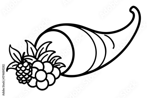 line art cornucopia horn of plenty with fruits and vegetables silhouette vector illustration