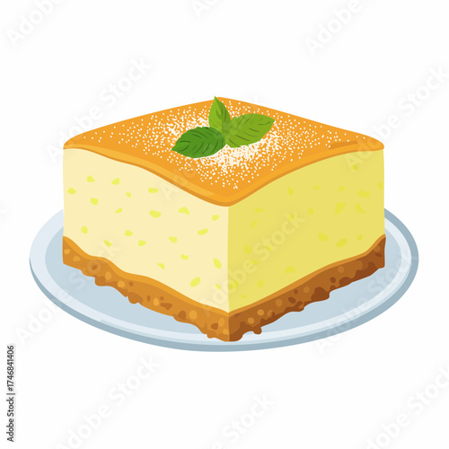 Delicious slice of cheesecake with mint leaves, a sweet and creamy dessert on a plate