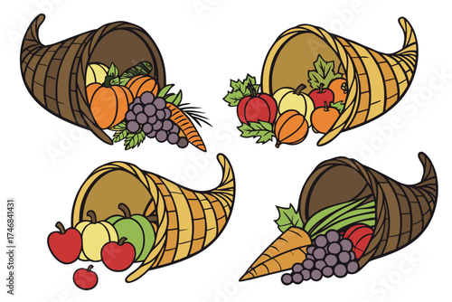 set of cornucopia horn of plenty with fruits and vegetables silhouette vector illustration