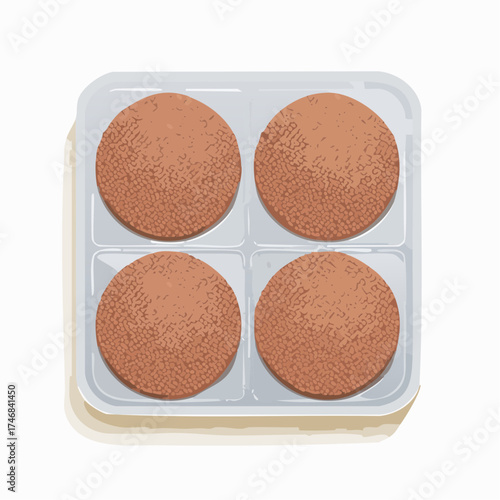 Four round, uncooked, vegetarian burger patties in a plastic food tray on a white background