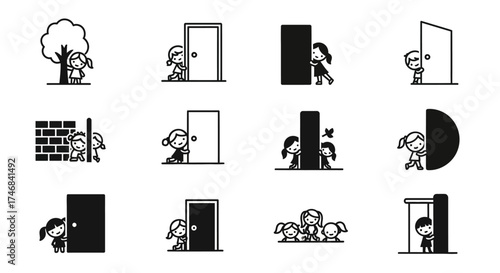 A collection of cartoon children peeking from behind various objects like doors, walls, and a tree.