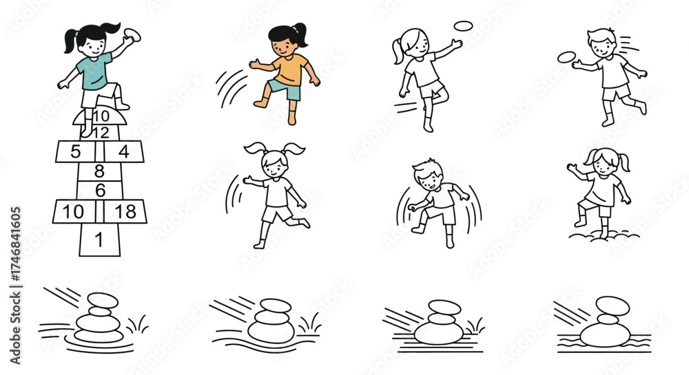 Fototapeta premium Line art illustration showing children playing hopscotch and rock stacking.
