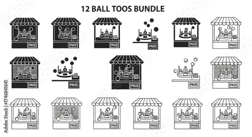 A collection of illustrations depicting a ball toss game booth with various arrangements of bottles and balls.