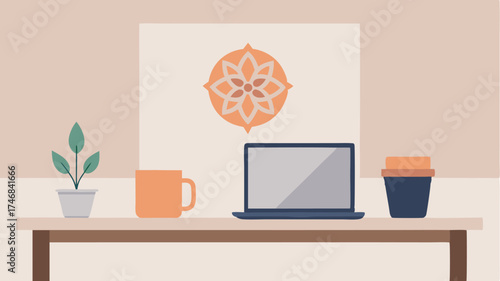 An organized workspace with a laptop on a simple desk featuring a decorative coffee stencil atop a cup and a minimal art print on the wall.