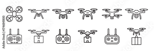 Collection of hand drawn line art illustrations of various drone and quadcopter designs from top and side views