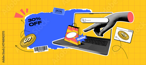 Collage concept online shopping and delivery, illustration money on yellow background. Contemporary banner with computer, bag, halftone hand. Advertising for season sales and discounts. Vector Element