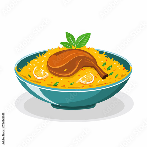 A vibrant illustration of a bowl filled with biryani, topped with a chicken leg and garnish.