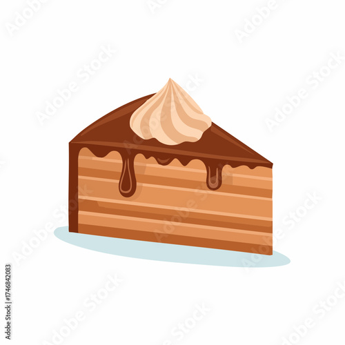 A single slice of layered cake with chocolate frosting and whipped cream topping.