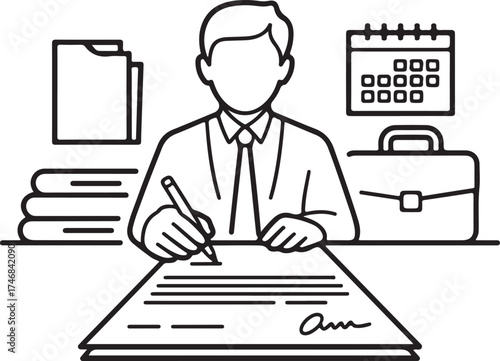 Executive Agreement Outline Icons Businessman, Contract Paper, Signature Line, Pen, Briefcase, and Office Calendar